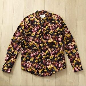 UO Your Neighbors Floral Print Button Up Shirt in Burgundy & Yellow Size M